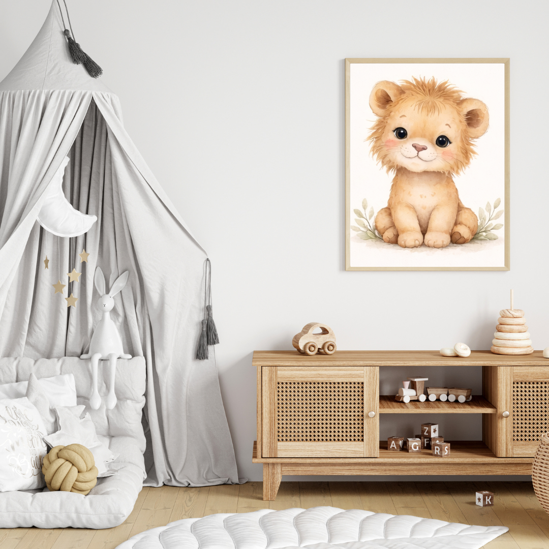Safari Lion Nursery Wall Art – Neutral Baby Animal Poster