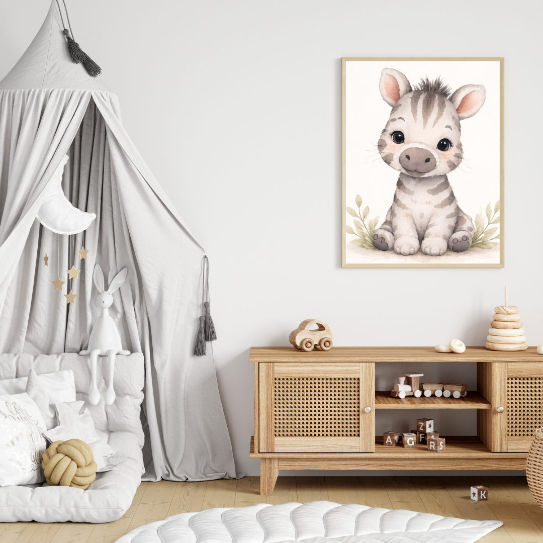 Safari Zebra Nursery Wall Art – Neutral Baby Animal Poster