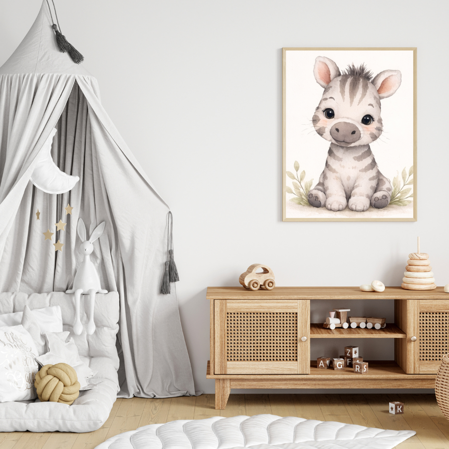 Safari Zebra Nursery Wall Art – Neutral Baby Animal Poster