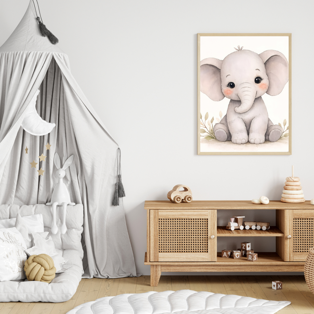 Safari Elephant Nursery Wall Art – Neutral Baby Animal Poster