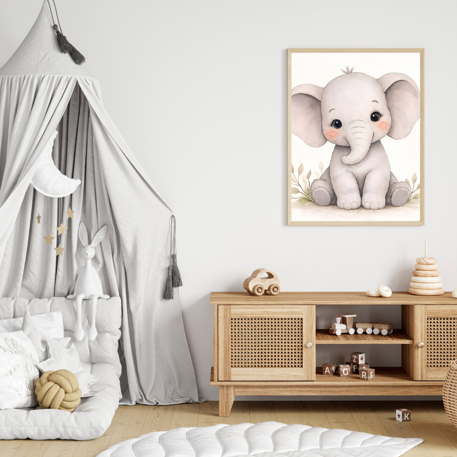 Safari Elephant Nursery Wall Art – Neutral Baby Animal Poster